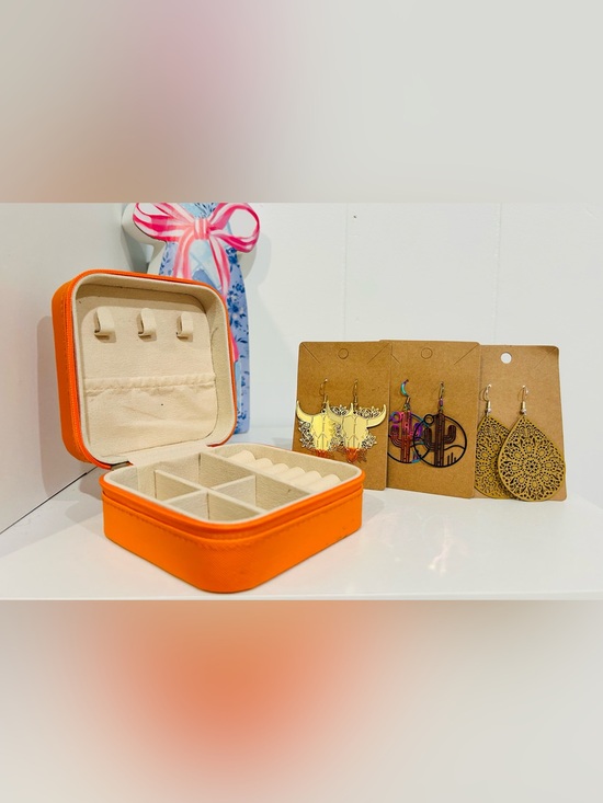 Jewelry - Orange Travel Jewelry Case and Three Pairs of Western Themed Earrings